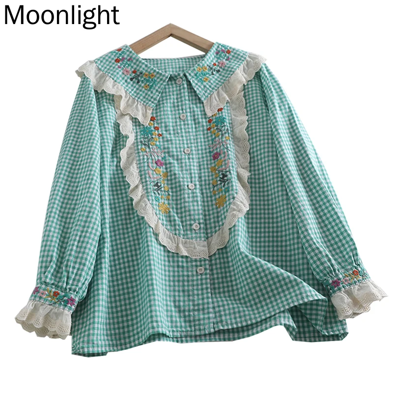 Embroidered Plaid Blouse Women Japanese Sweet Lace Peter Pan Collar Long Sleeves Single Breasted Shirt Autumn New Mori Girl Tops