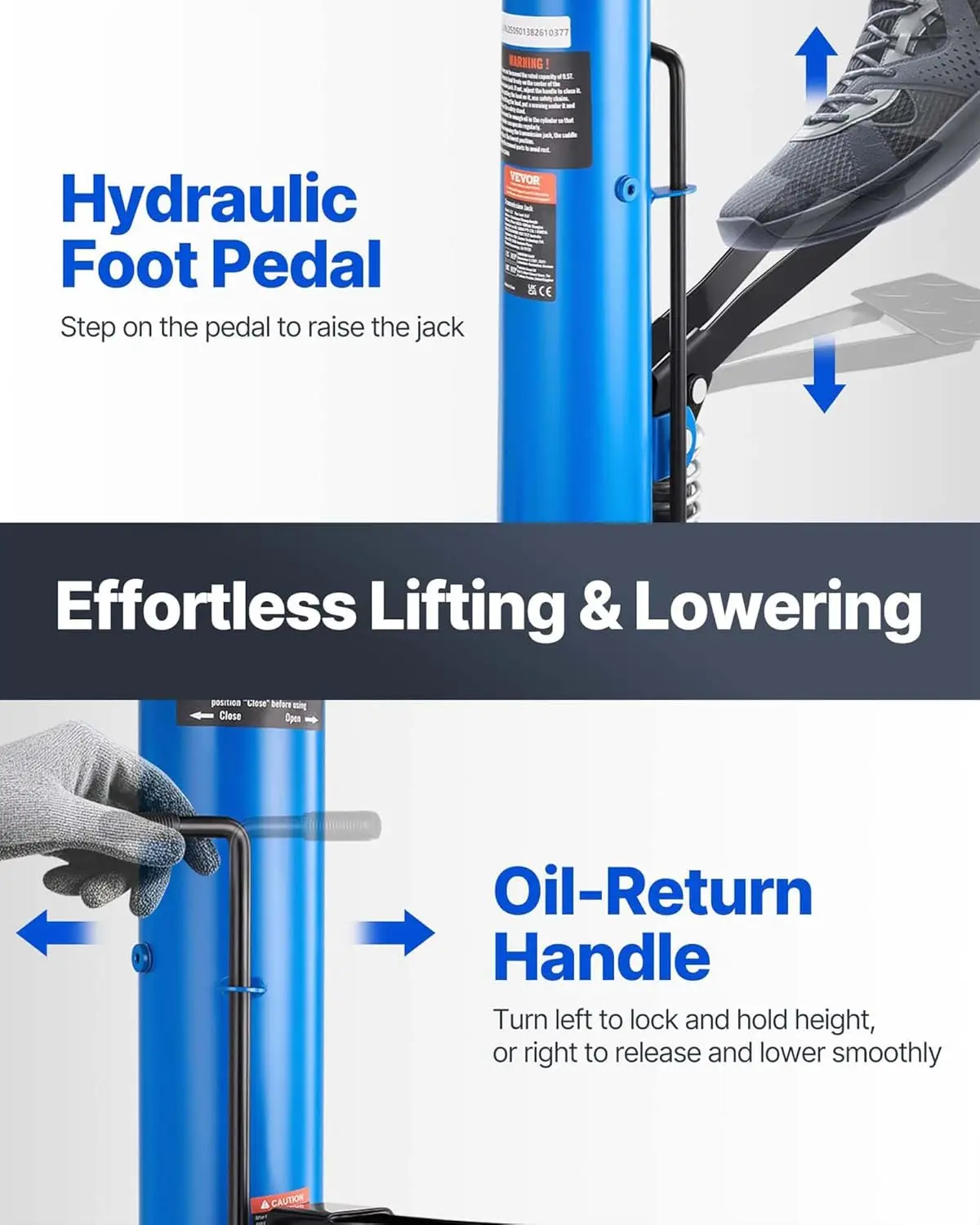 แม่แรงไฮดรอลิกแบบยืดหดได้, รับน้ำหนักได้ 1100 ปอนด์, ช่วงยก 33-67 นิ้ว พร้อมแป้นเหยียบและล้อหมุน สำหรับใช้ในโรงรถ