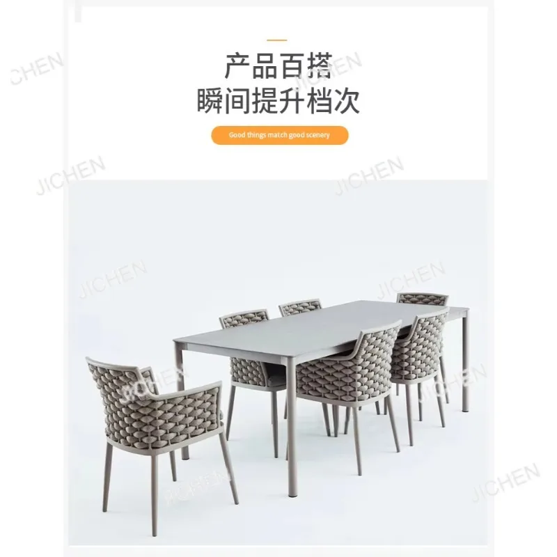 JCX Outdoor Leisure Rope Woven Long Table and Chair Combination Open-air Garden Courtyard Waterproof and Sunscreen Villa Living