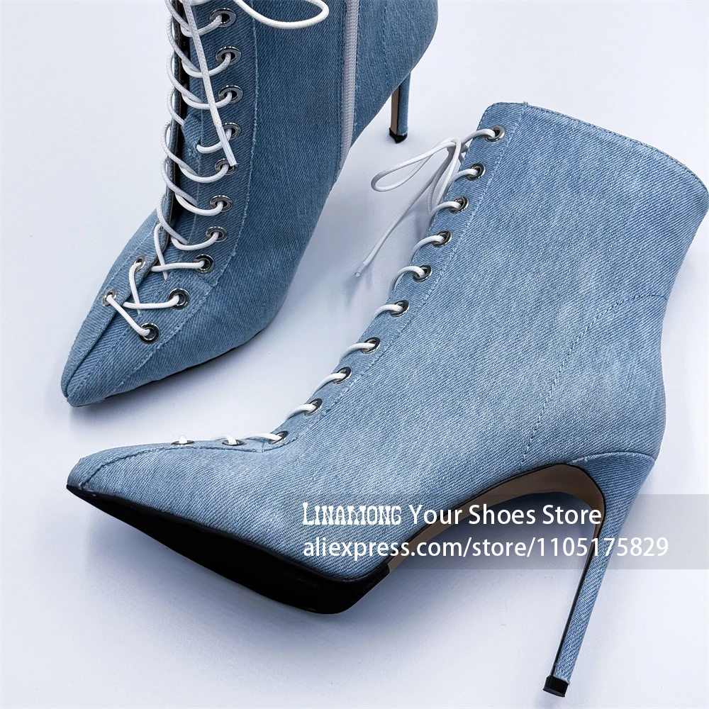 Front Lace Up Denim Ankle Booties Pointed Toe Stiletto High Heel Fashion Booties for Women Light Blue Black Lace Up Ankle Boots
