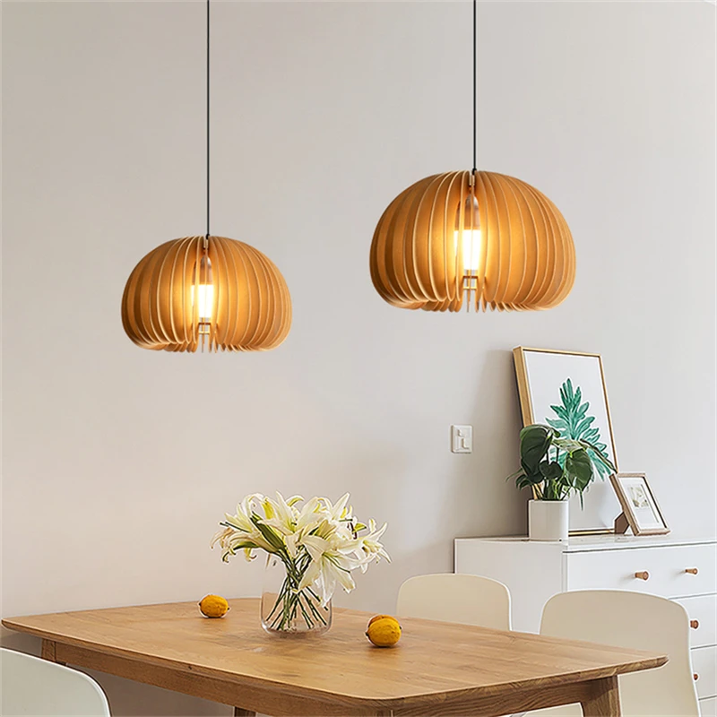 

Modern Wood Pumpkin Pendant Light Hand Made Kitchen Island LED Hanging Lamp Dining Bedroom Bedside Home Decoration E27 Fixture