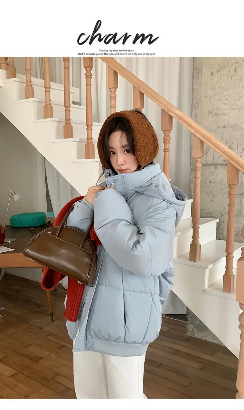 Korean Style Thickened Puffer Jacket for Women Loose Fit Warm Padded Coat Students Winter Solid Color All Match Hooded Parkas