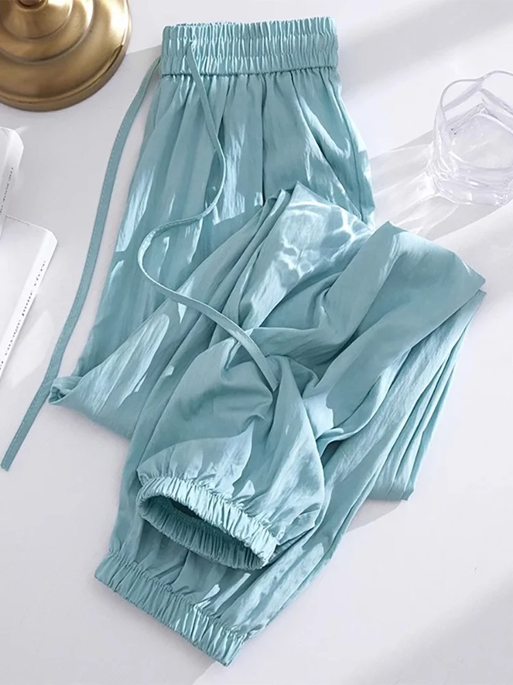 

Модные рабочие брюки из ледяного шелка с манжетами, женские летние тонкие брюки с высокой талией и защитой от солнца, спортивные брюки Harlan, повседневные хлопковые брюки с морковью...