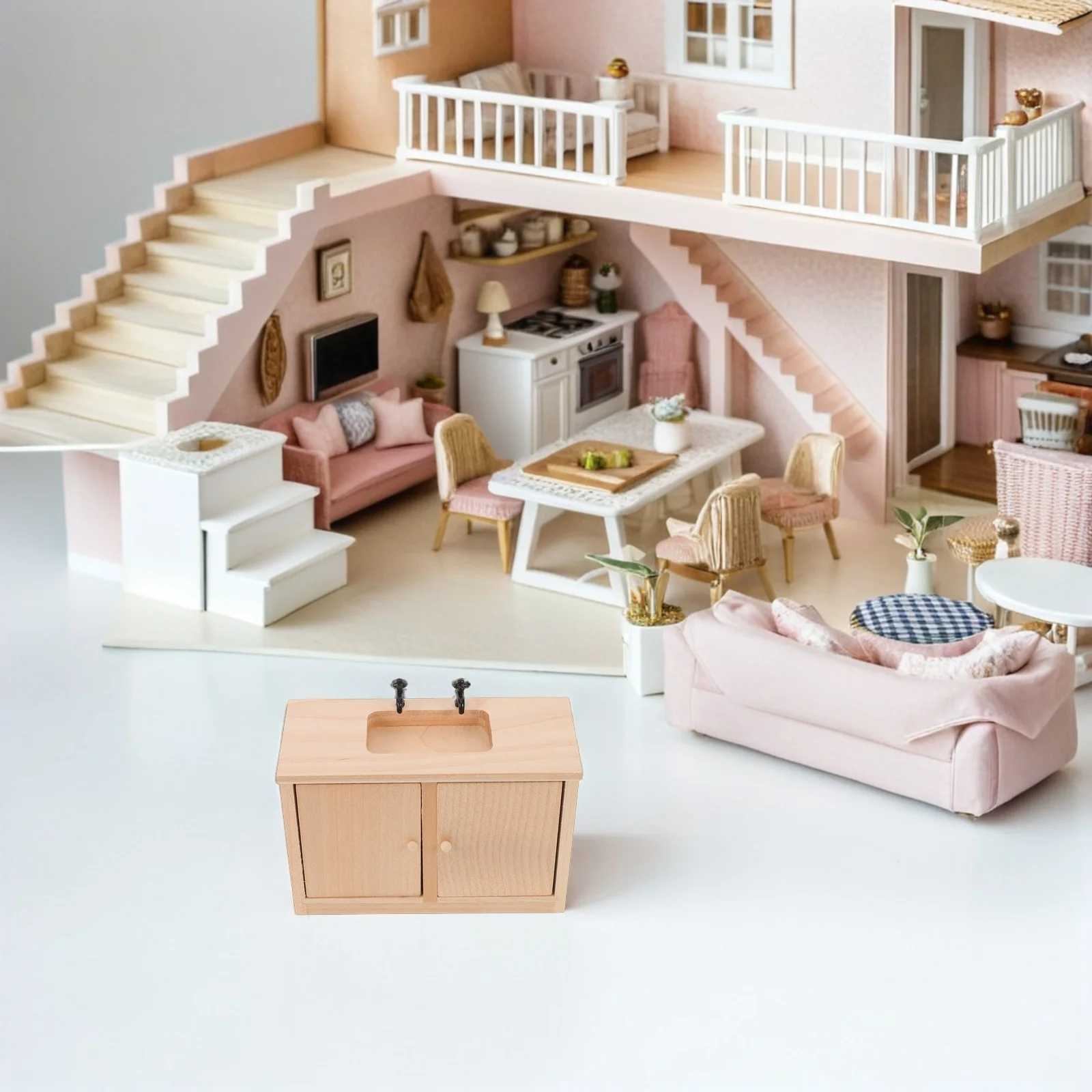 เฟอร์นิเจอร์ห้องน้ำจิ๋ว 1:12 ตู้อ่างล้างหน้าไม้สำหรับตกแต่งบ้านตุ๊กตา อ่างล้างจานในครัว ตู้จิ๋ว ห้องน้ำบ้านจำลอง