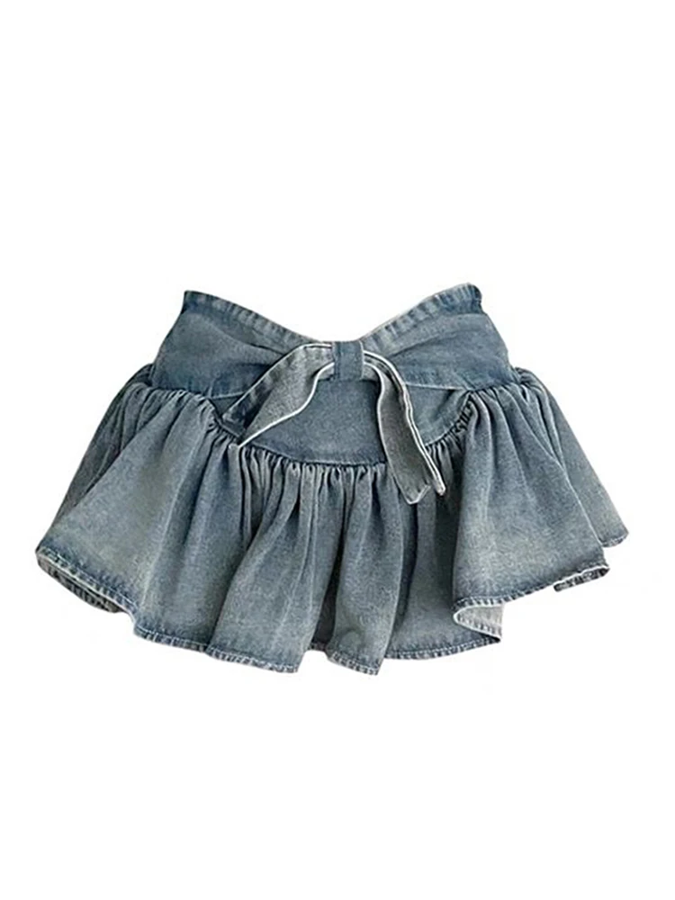 

Summer Women Korean Fashion Ballet Culottes Japanese Y2k Ruffle Mini Bow Denim Skirt Cutecore Gyaru Coquette Harajuku 2000s Jean