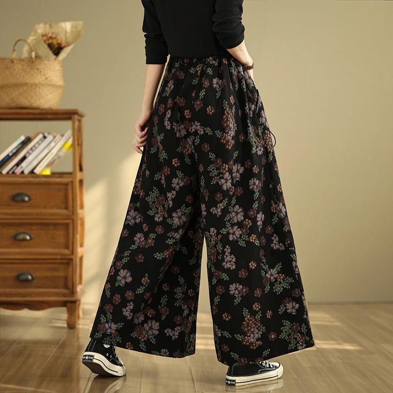 

Широкие джинсы в китайском стиле в стиле ретро, свободные джинсовые брюки прямого кроя с принтом, женские повседневные длинные брюки с высокой талией
