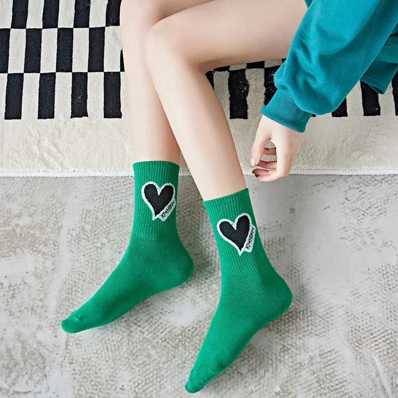 Lady Socks Letter C Heart-shaped Printing Web Celebrity Style Stocking Green White Student Socks Kawaii 34-39 Size Holiday Gift