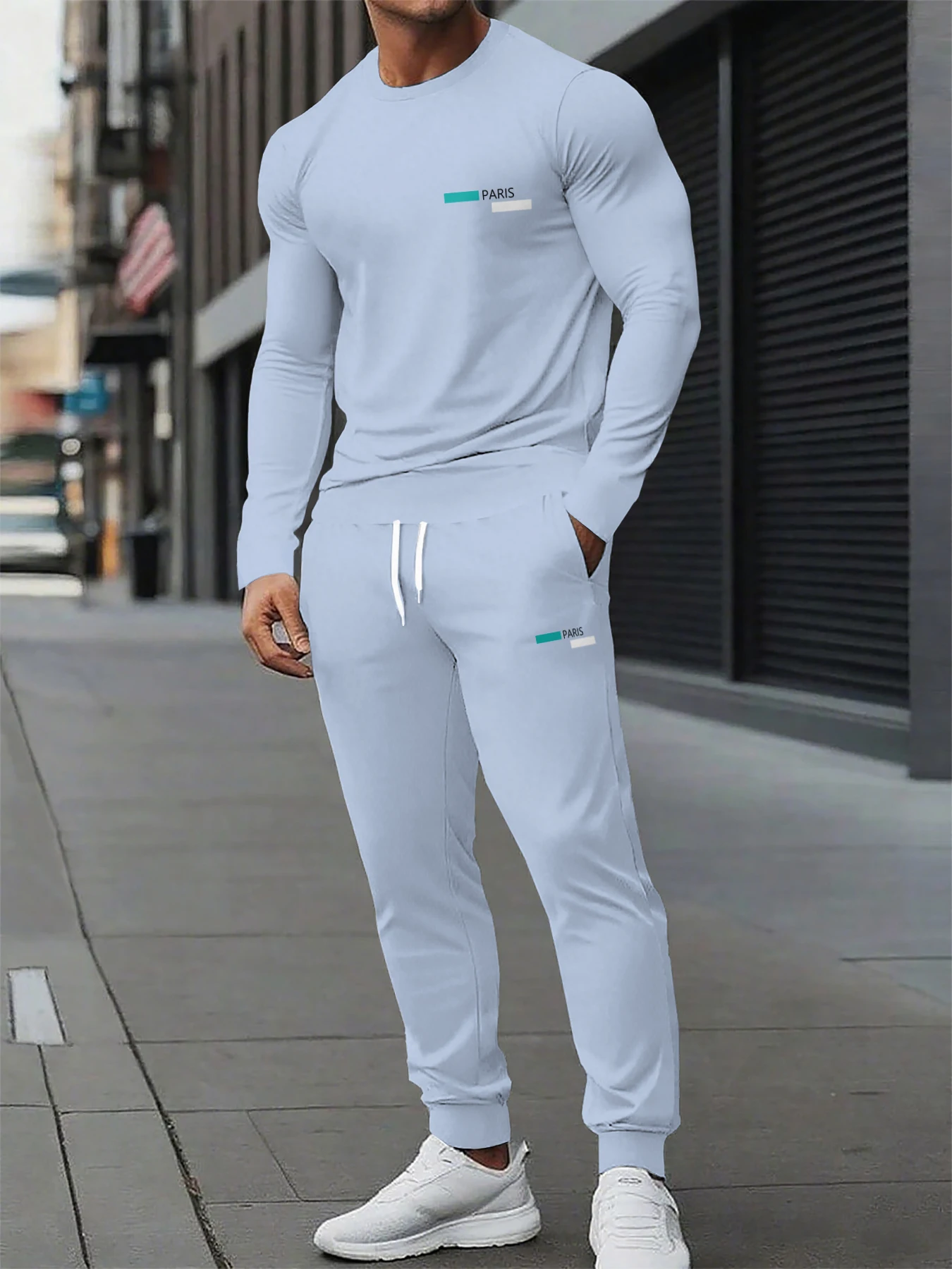 

Men's casual 2-piece set: Comfortable long sleeved round neck T-shirt and drawstring sweatpants - the perfect choice for autumn