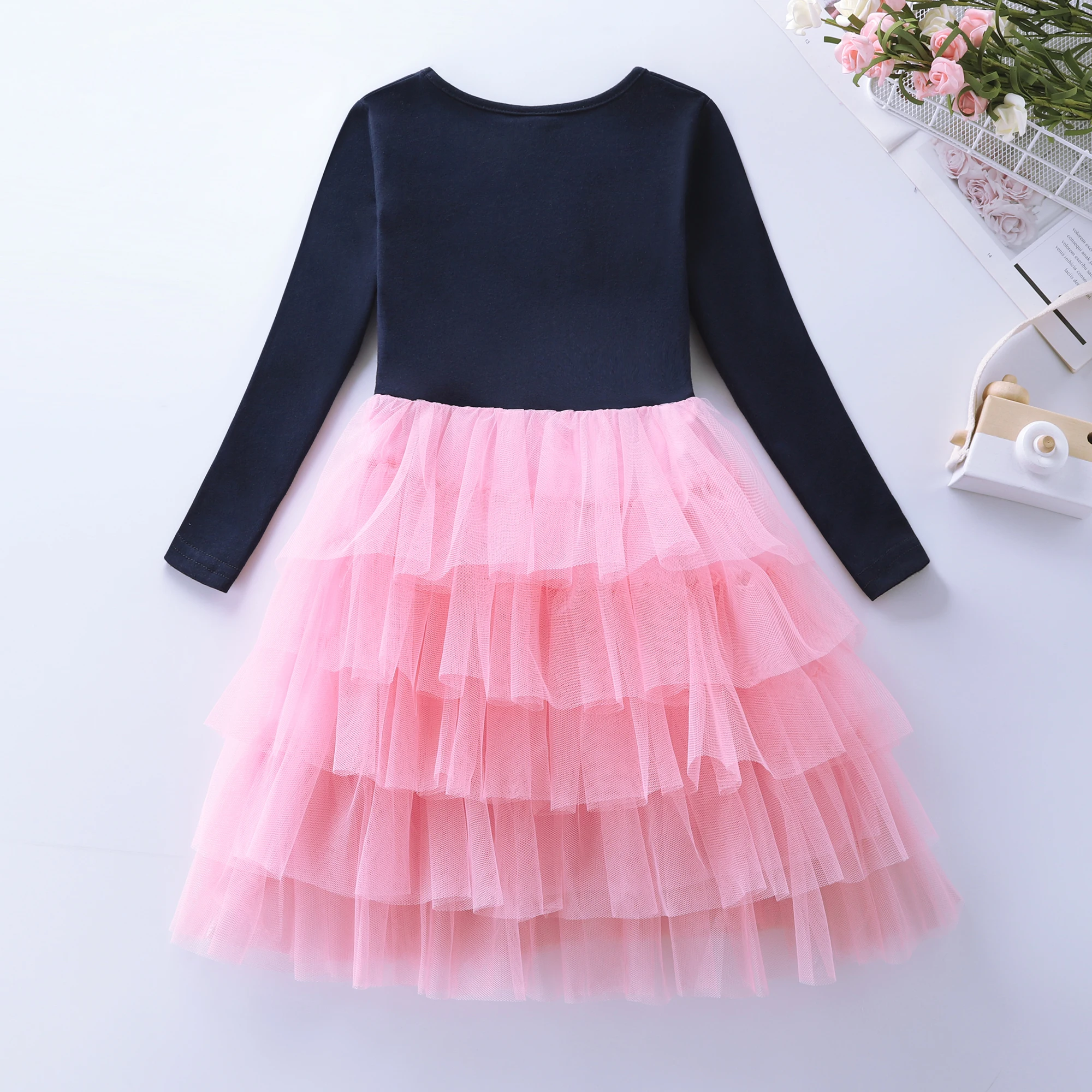 Girls Long Sleeve Unicorn Tulle Dress, Kids Tiered Pink Tutu Princess Party Dress for Birthday LH1705