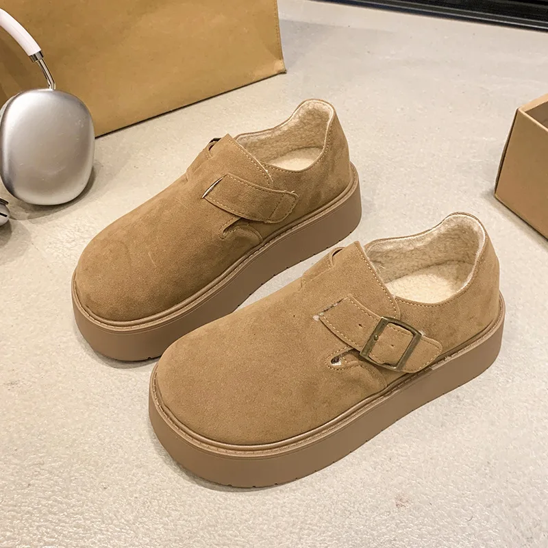 

Women thick-soled full-cover shoes autumn winter style height-increasing versatile slip-on loafers with fleece lining flat soles