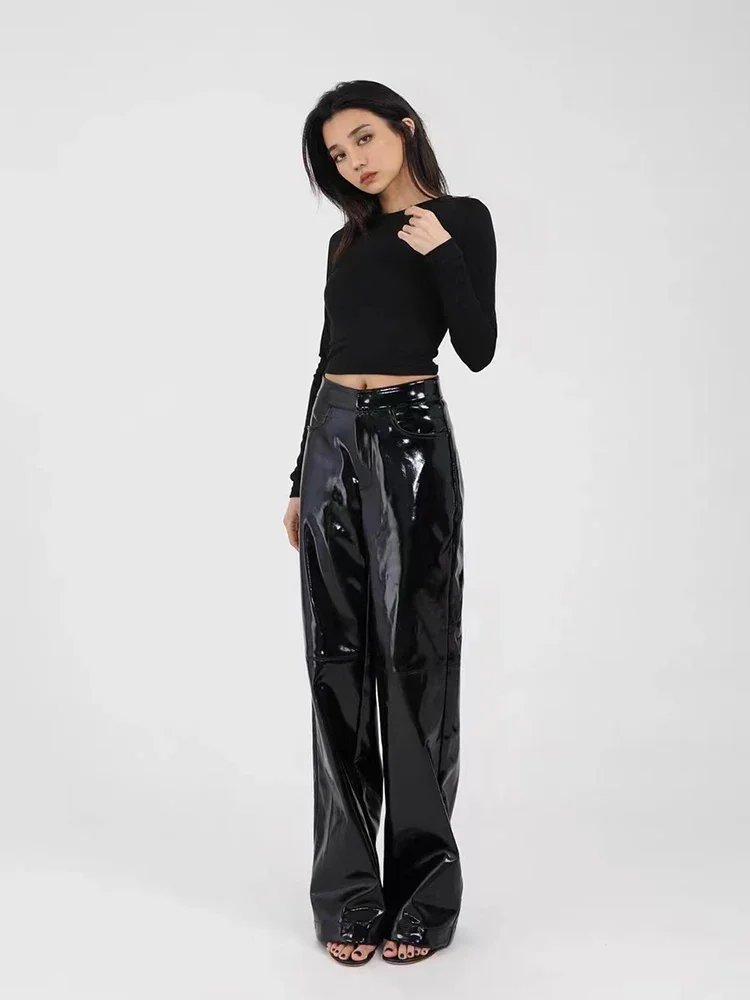 Women Shiny Patent Leather Wide Leg Pants High Waist Faux Latex Loose Straight Pants Gothic Ladies PVC Trousers Pocket Streetwea