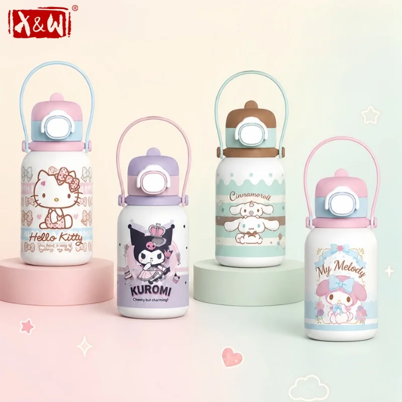 X&W Sanrio Handheld Thermos Cup 316L Stainless Steel Cartoon Water Bottle for Kid Summer Ice Tumbler with Pop-up Lid Lovely Gift