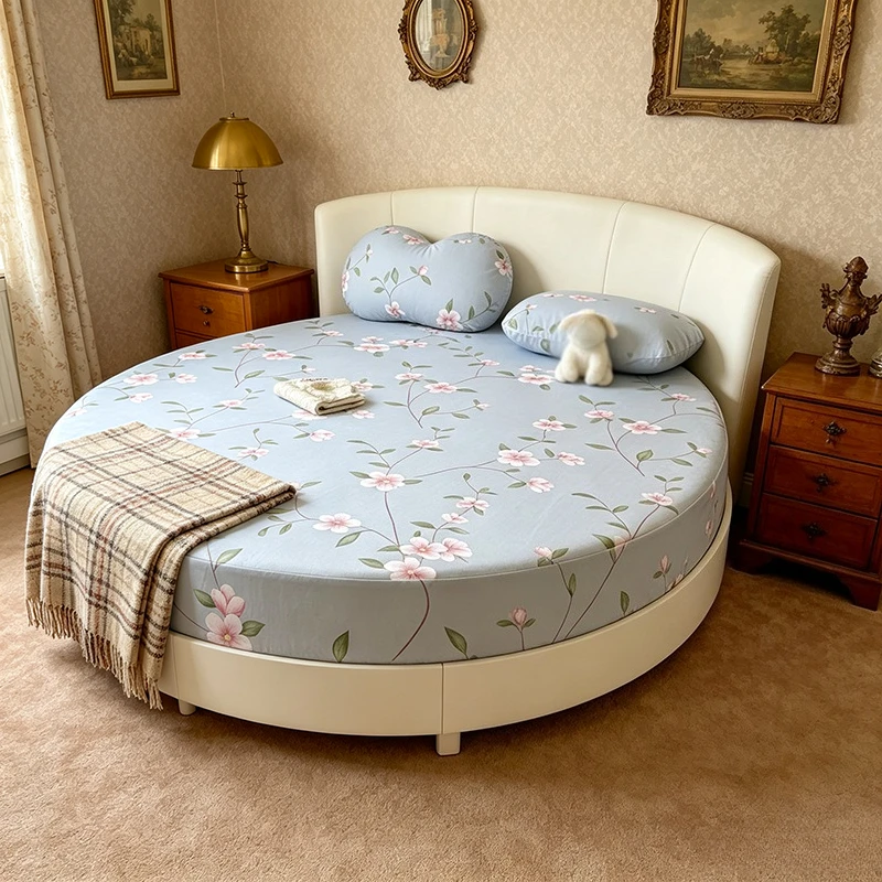 24 Colors Round Fitted Mattress Cover Full Wrap Anti-slip Deep Pocket Circular Bed Sheet Washable for Home Hotel Master Bedroom