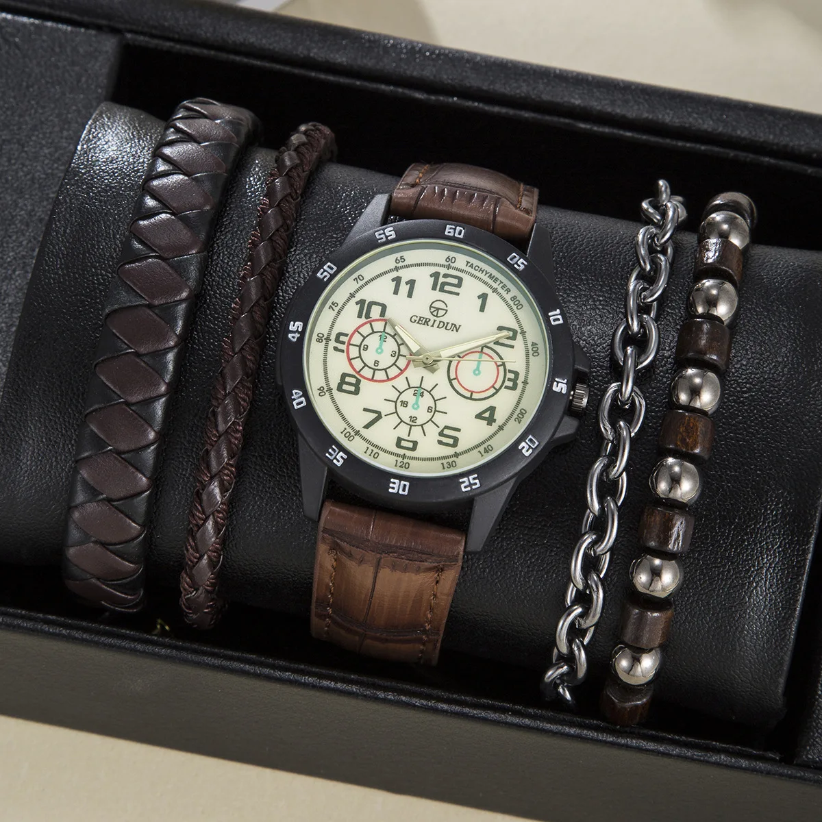 

2024 New Business PU Strap Men's Watch Quartz Watch, Travel And Leisure Bead Preparation Bracelet Set