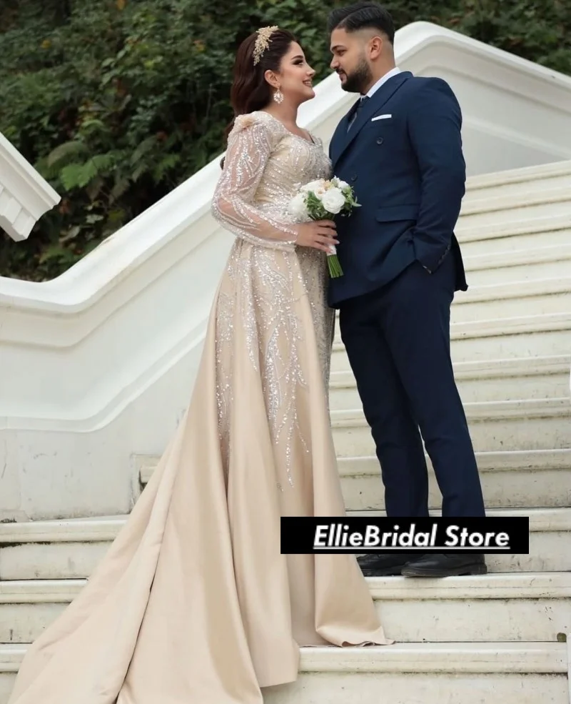 샴페인 스퀘어 넥 웨딩 드레스 럭셔리 스팽글 아플리케 탈부착 가능한 트레인 아랍 맞춤형 신부 드레스 베스티도 데 노비아