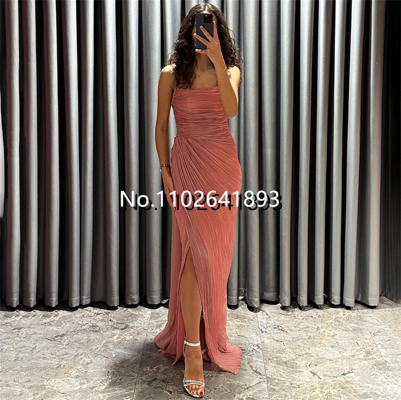 Nersesyan Rose Pink Long Evening Dresses Mermaid Lace Up Backless Side Slit Party Gown Spaghetti Strap Tulle Pleated Prom Gowns