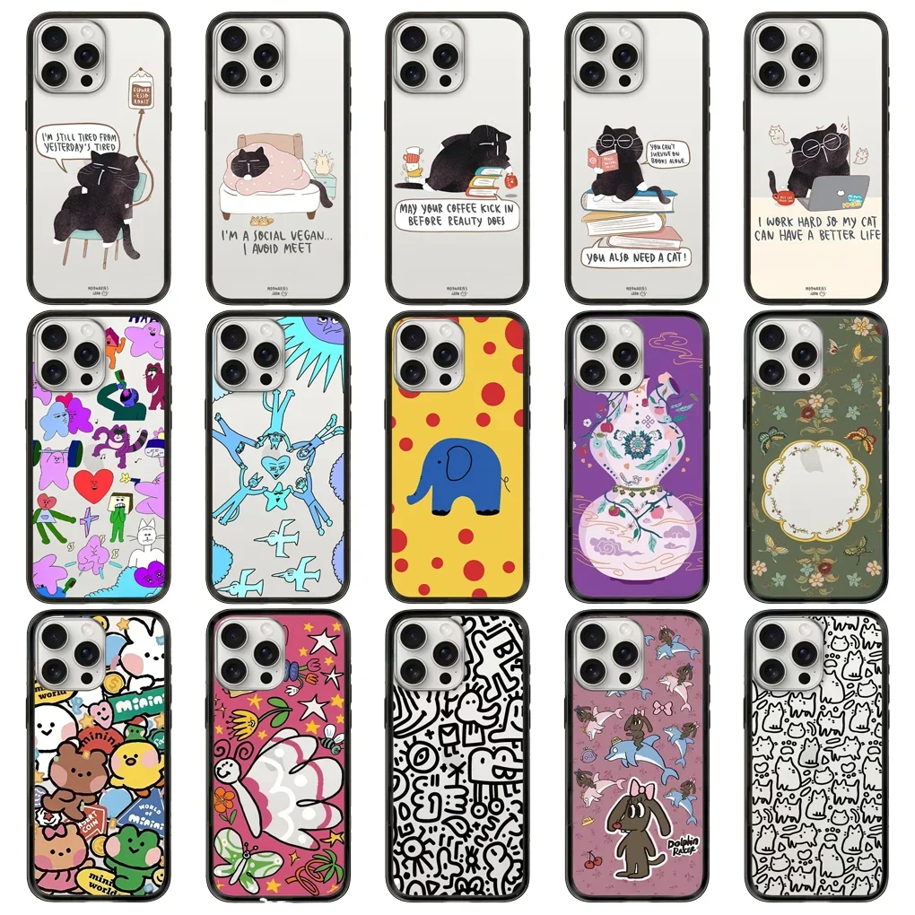 

Cartoon Black Cat Black Border Letters New Design Protective IPhone Case Cover for 16 15 14 Pro Max Case