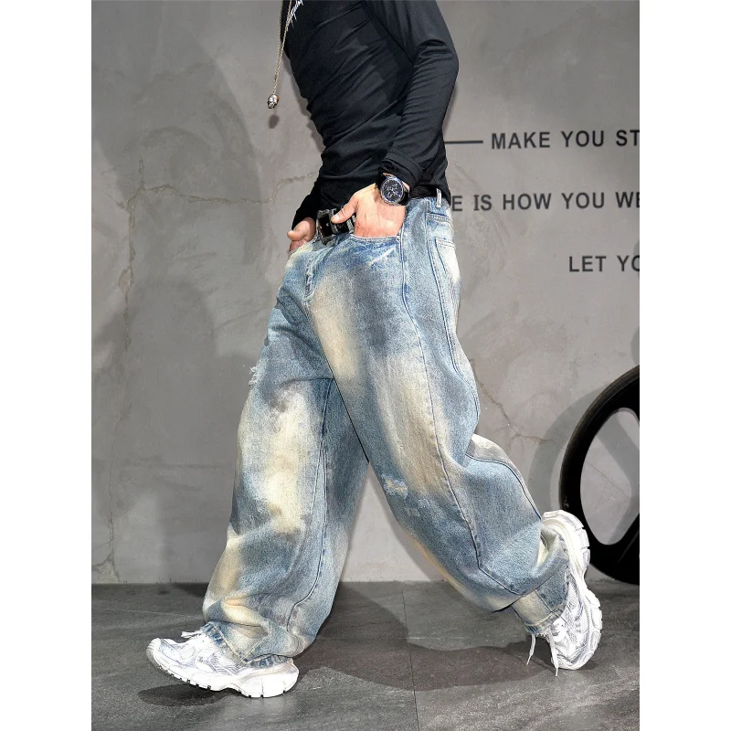 

Мужские джинсы Vibe Wasteland Style с эффектом потертости и изогнутым широким кроем, американские свободные длинные брюки в стиле High Street