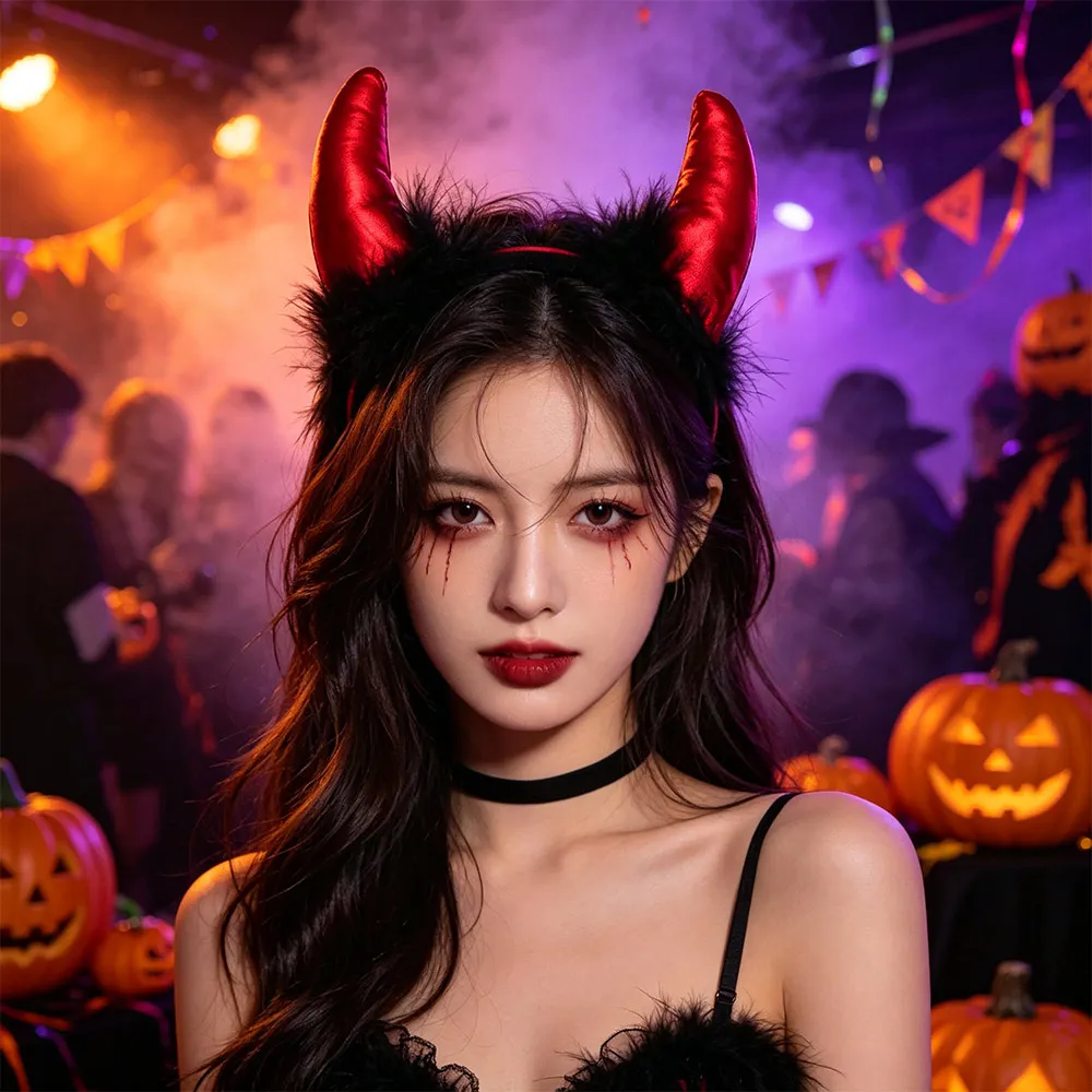 Puffy Black Feather Ox Horns Headband Cosplay Headpiece Halloween Hair Band Gothic Swallow Shaped Demon Hair Hoop Women Men