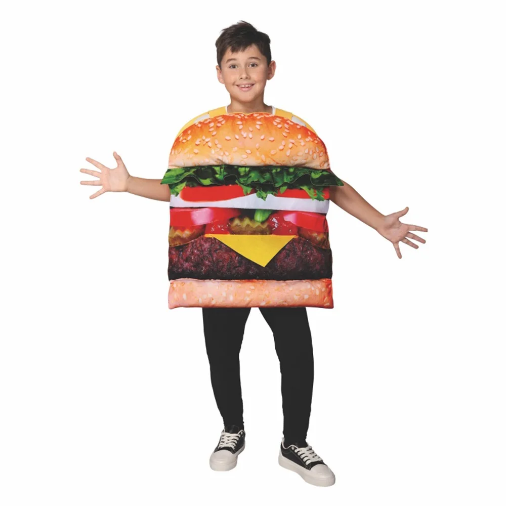 Comida Cosplay Costume para crianças e adultos, hambúrguer, carne, hambúrguer, tomate, desempenho de Halloween, roupa engraçada