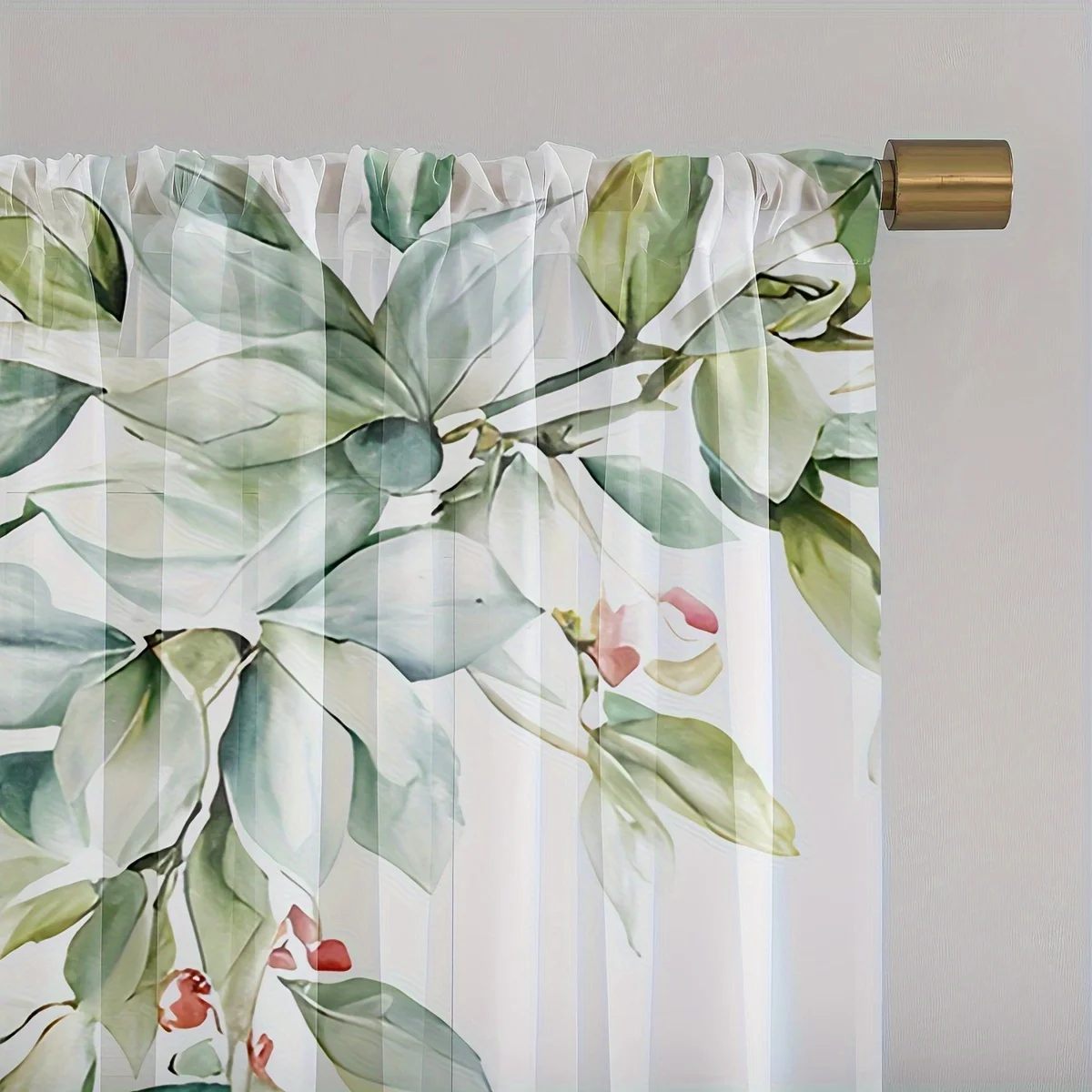 Classic Floral Rod Pocket Semi-Transparent Curtains - Double Pack, Machine Washable Twill Polyester Fabric, Bedroom Decorative