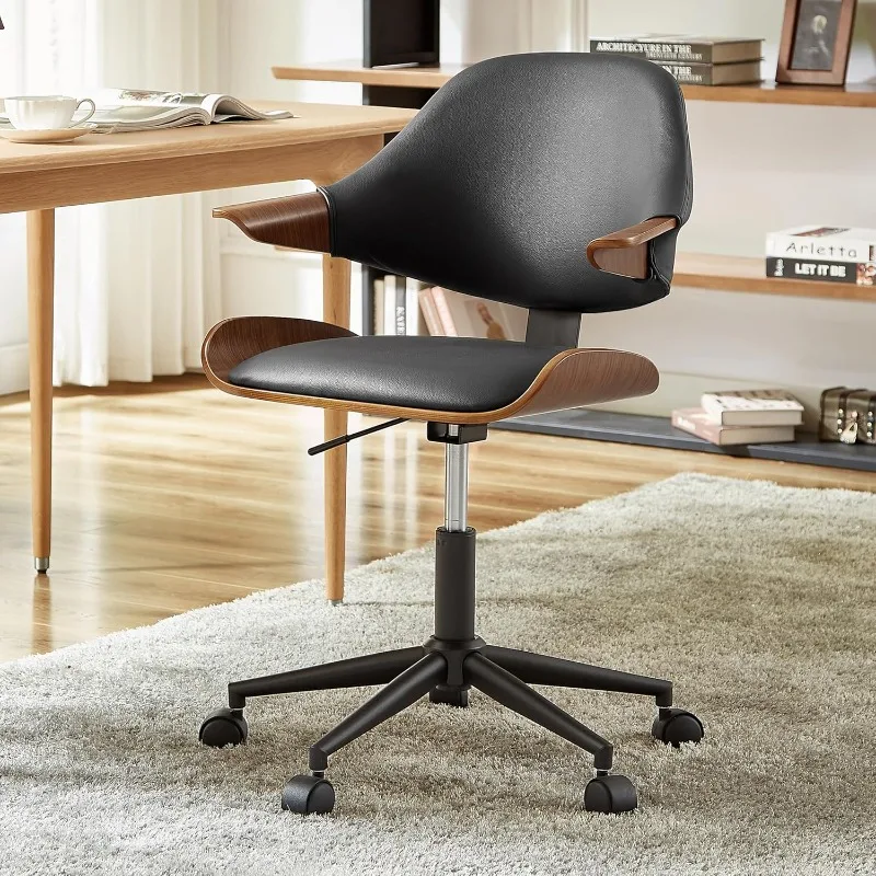 

Swivel Desk Chair, Mid Century Modern Office Chair with Wheels, Faux Leather Upholstered Arm Chair, Adjustable Height T