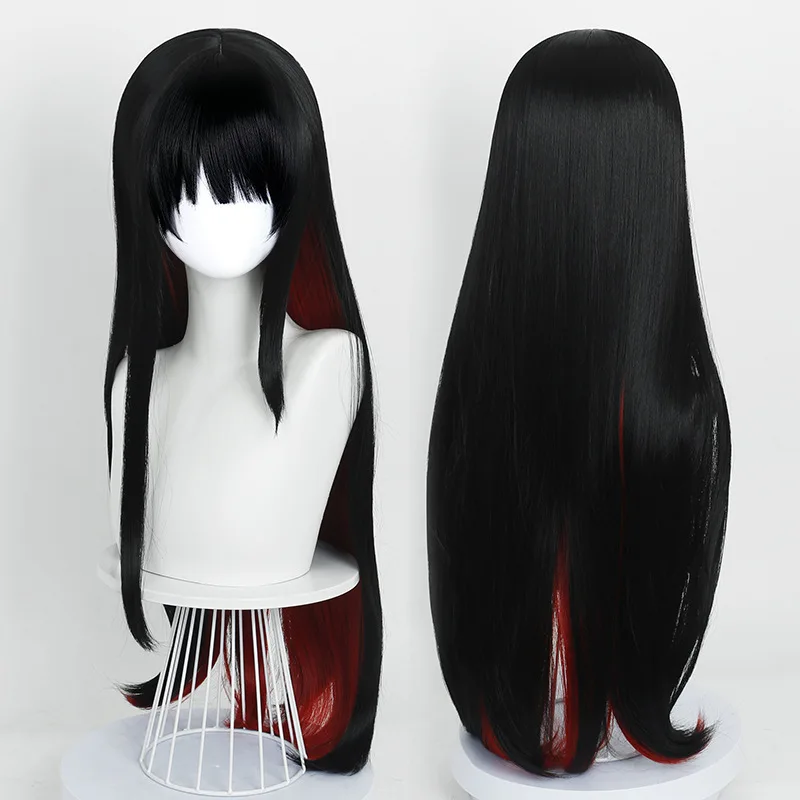 Synthetic Wig Mi-ka Inspired Cosplay Long Straight Black Red Hair Full Head Top Skin Cap Party Heat Resistant Costume