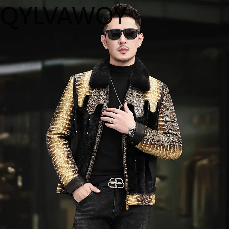 QYLVAWOY Real Sheepskin Man Leather Jacket New Winter Lapel Coat Down Liner Leather Jacket Mink Fur Jackets for Man High Quality