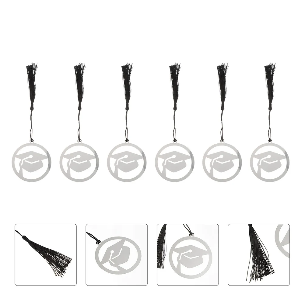 6Pcs Stainless Steel Graduation Bookmarks Tassel Decorative Page-Markers Student Reading Lightweight Book Markers