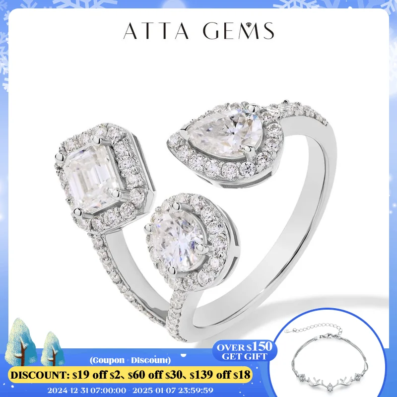 ATTAGEMS 1.85CTW Oval Pear Emerald Cut Lab Moissanite Diamond Rings for Women Solid 925 Sterling Silver Adjustable Fine Jewelry