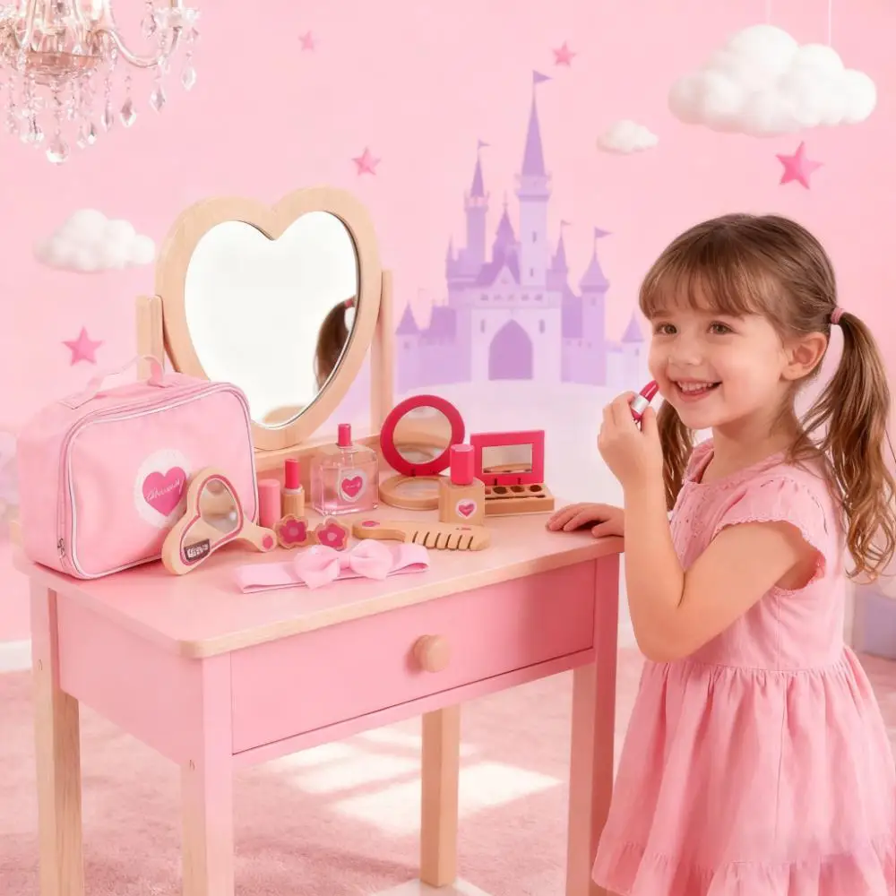 مجموعة مكياج خشبية للعب التظاهري للأطفال، مجموعة مستحضرات التجميل، ملحقات التجميل للعب الأدوار للفتيات هدية عيد الميلاد والكريسماس