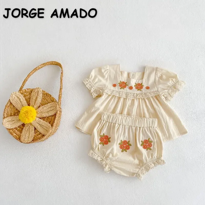 

New Summer Baby Girl Sets Apricot Short Puff Sleeves Square Collar Embroidery Loose Shirts PP Shorts Newborn Clothing E96129