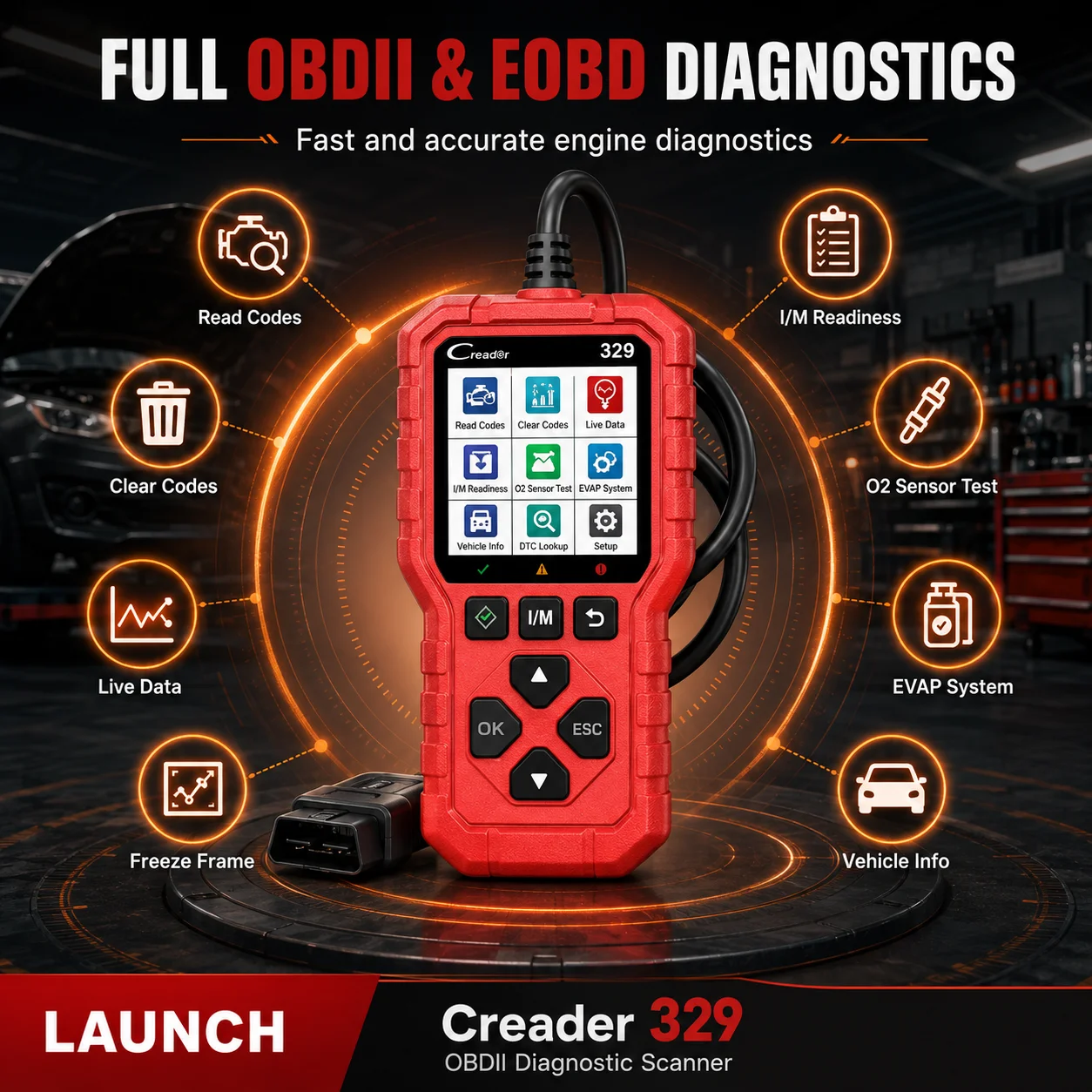 LAUNCH Creader 329 OBD2 Fault Scanner Auto Diagnostic Tool Check Engine Light Code Reader with Battery Test Live Data O2 Sensor EVAP for 1996+ OBDII Cars