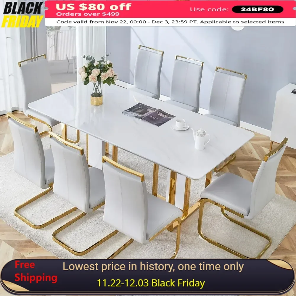 Dining Table Sets,Topwith Stainless Steel Gold Base,Modern Kitchen Room Tables Set 8 Dinings Chairs,Gold Luxury Dining Table Set