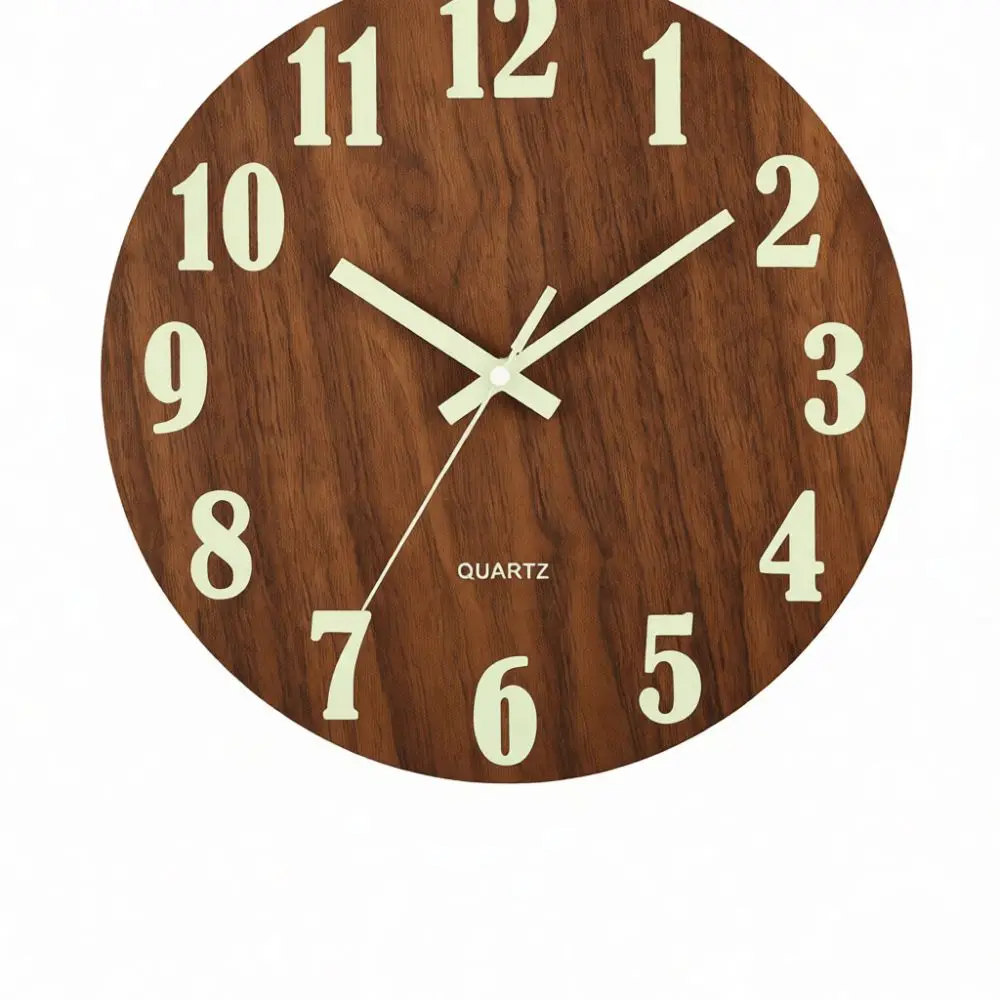 Modern 12 Inch Wall Clock Luminous Silent Wooden Analog Timepiece Large Number Glow In Dark Decorative Indoor Wall Watch