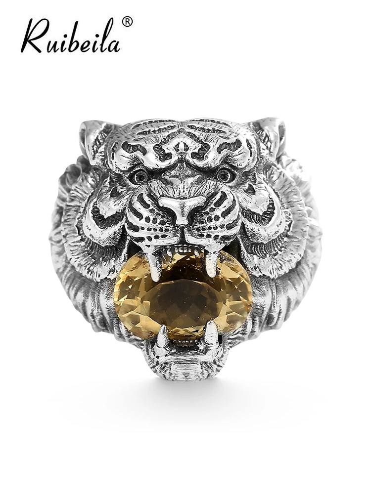 Ruibeila citrine zodiaque tigre bague homme dominatrice s925 argent tigre index bague ouverture réglable