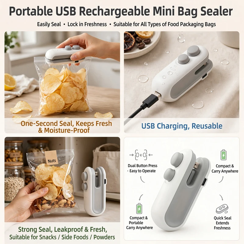 Mini sealing machine, snack bag, one click sealing, portable sealing device, moisture-proof and fresh-keeping, no waste (one piece)