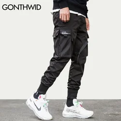 GONTHWID Ribbon Buckle Multi-Pockets Harem Joggers Pants Streetwear 2023 Men Hip Hop Casual Cargo Sweatpants Trousers Pants Male