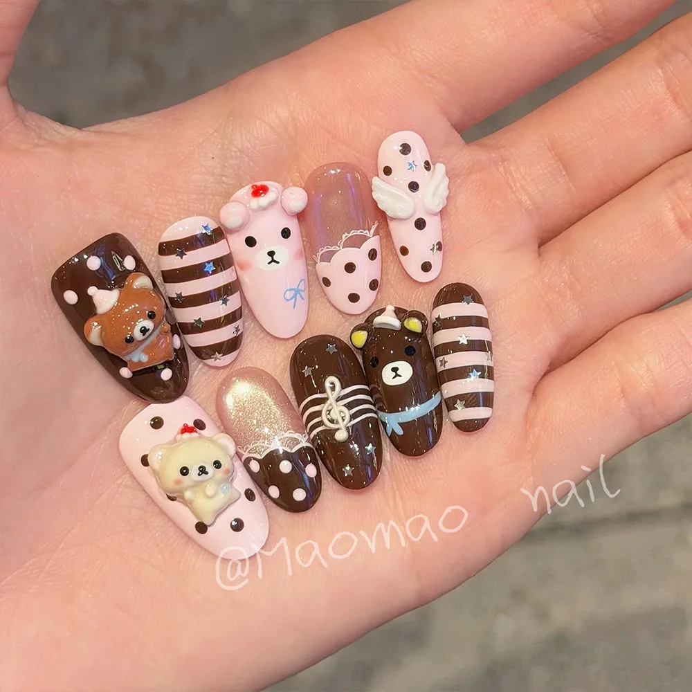 Cute Cartoon Bear Rilakkuma Dot Star Glitter Press-On Nails Heart Flower Musical Note Bow Ellipse Fake Nail Party Accessories view 6