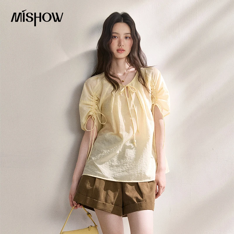 

MISHOW Women Drawstring Blouse V-Neck Tie Short Ruched Bubble Sleeves Loose Fit Yellow Casual 2026 Summer New Top MXF24X2624