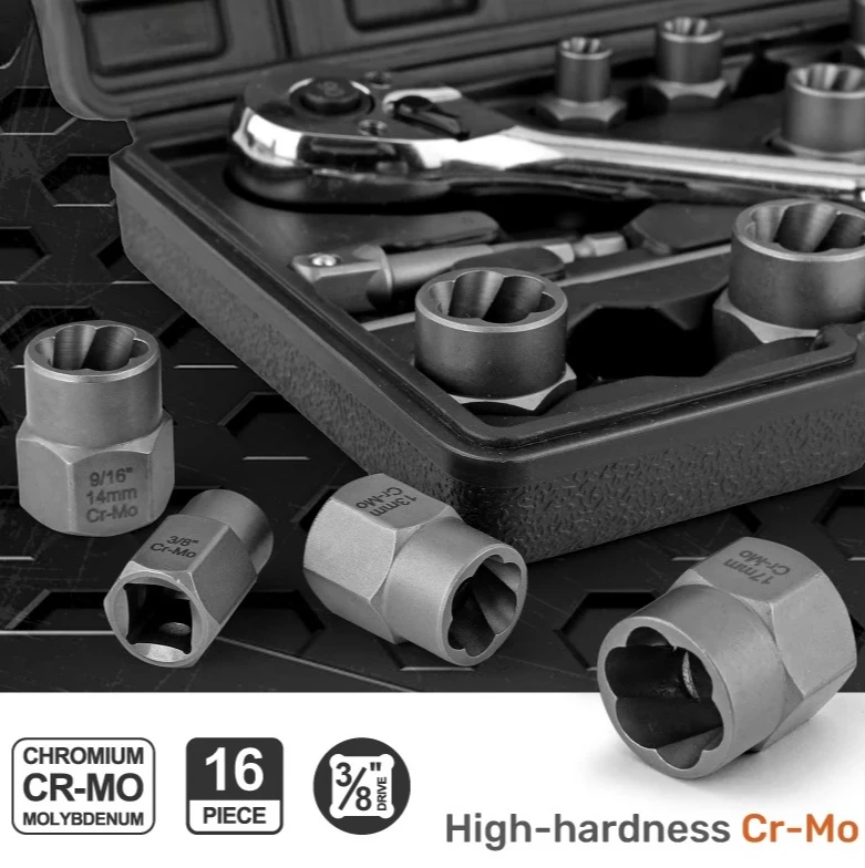 

16pcs 1/4"-3/4" 6.3-19mm 3/8" Drive CR-MO Reverse Socket Set, Rusted Screw Removal Kit with Ratchet & Counterbore Adapter
