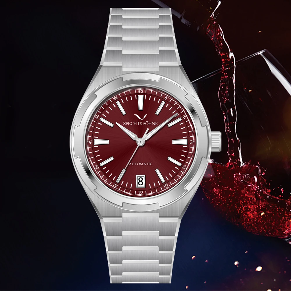 Specht & Söhne Neuheiten Weinrote Farbe 37 mm Herrenuhren NH35 automatische mechanische Uhr leuchtender Saphir 50 m wasserdicht