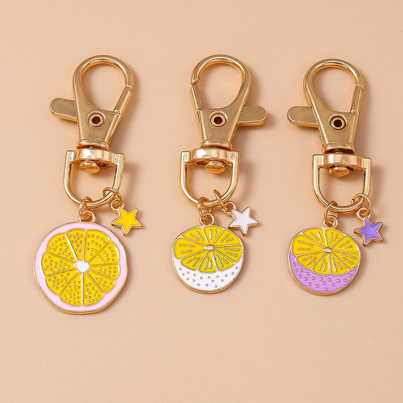 Cute Fruit Lemon Keychain Enamel Star Keyrings for Women Men Car Key Holder Handbag Pendant Key Chains DIY Jewelry Accessories