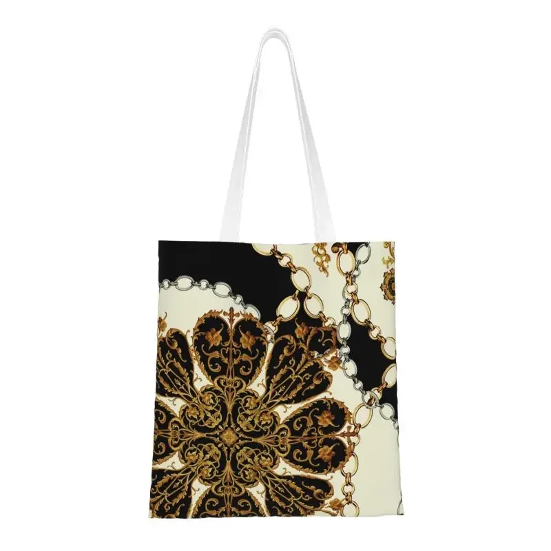 Funny Print Golden Baroque With Chains Tote Shopping Bags Portable Canvas Shoulder Shopper Handbag