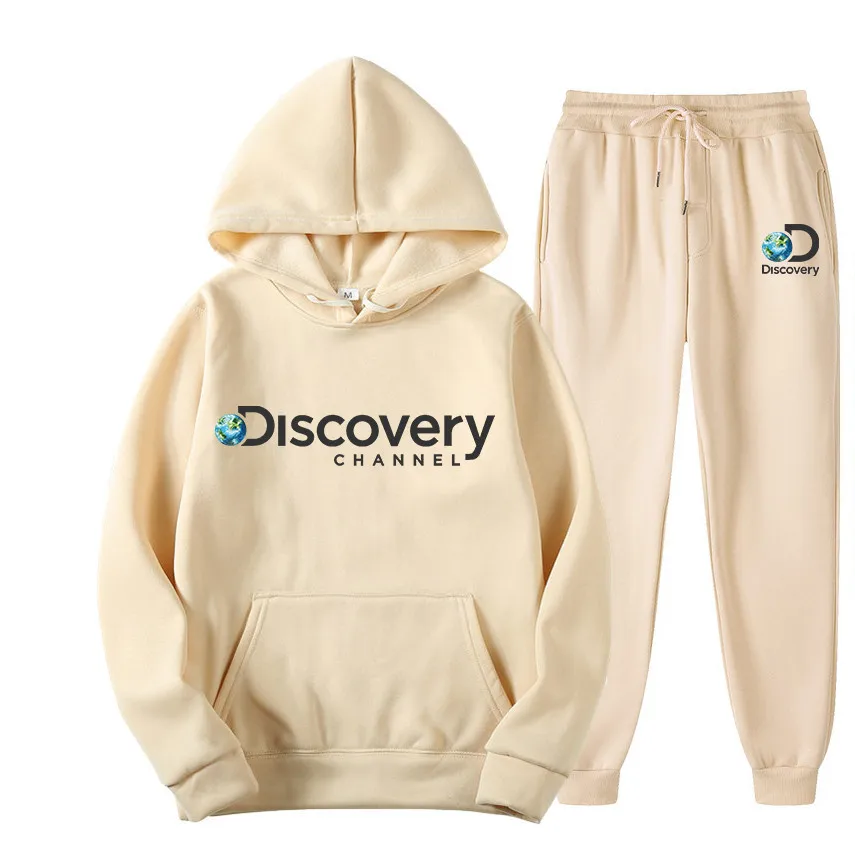 Discovery Channel Men Hooded Sports Suit Women Casual Solid Color Hoodie and Pants 2 Pieces Set Fleece Sportswear Jogging Suits