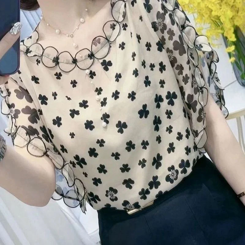 Summer Elegant Office Lady Top Artistic Chinese Style Chic Round Collar Batwing Sleeve Loose Casual Printed Floral Blouse Women