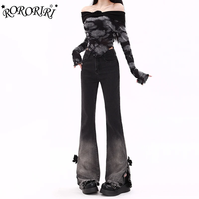 

RORORIRI Ombre Bow Stitch Flare Jeans Women Vintage Wash Slim High Waist Ruffle Split Bootcut Pants Trousers Harajuku Streetwear