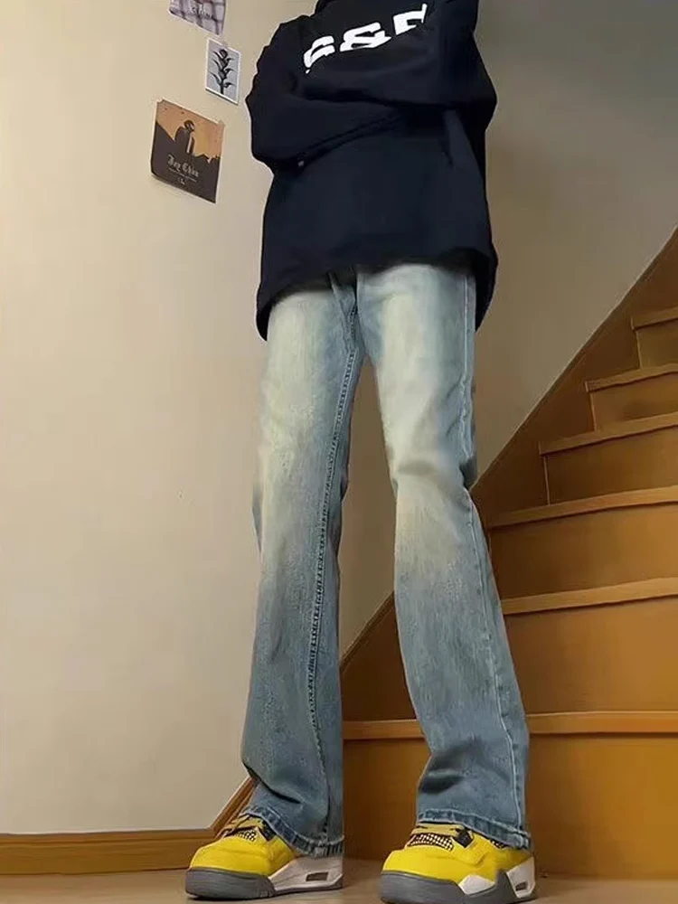 

Синие высокие мужские джинсы в стиле ретро, повседневные джинсы High Street Vibe, тонкие американские брюки, износостойкие прямые джинсы для подростков