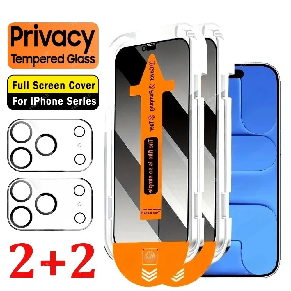 

2Pcs Anti Spy Full Screen Protector for iPhone 17 16 15 14 Pro Max Air 13 12 11 Pro Mini 15 16 Plus With 2Pcs Camera Lens Glass