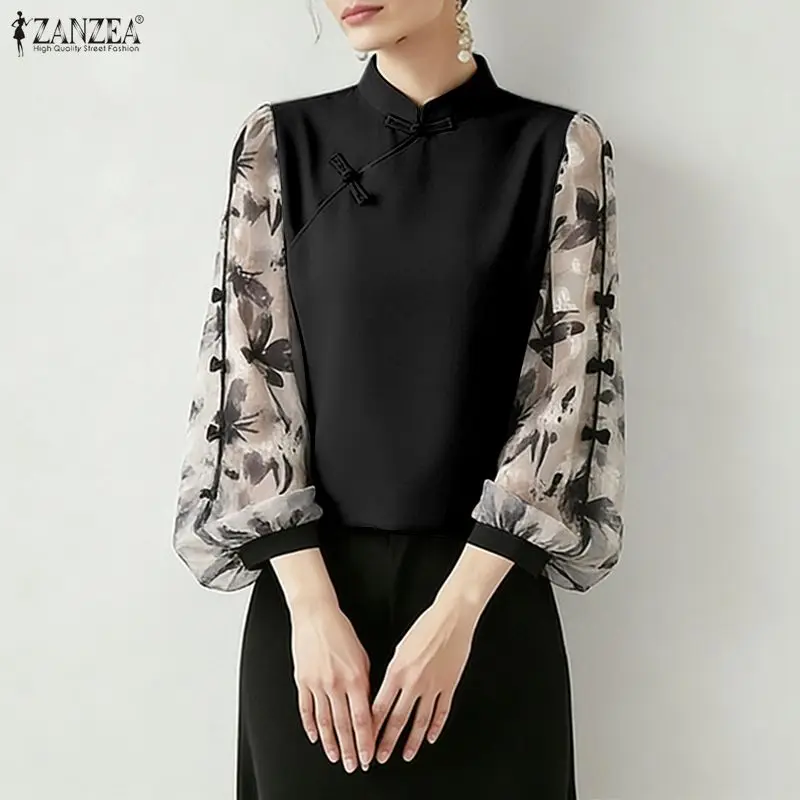 

ZANZEA Summer Woman Vintage Blouses Mandarin Collar Floral Printed Puff Sleeves Bows Detail Tunic Tops Casual Blusas de Mujer